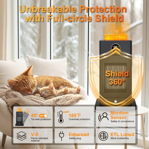 Space Heater, Space Heaters for Indoor Use with Humidifier/Sensor/ECO/3D Flame Effect/Thermostat/Timer/Oscillating, PTC Fast Electric Heaters, Quiet Portable Room Heaters for Bedroom/Office/Home