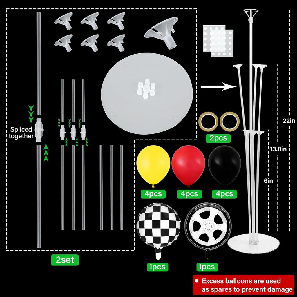 Race Car Party Balloons Kit - 2 Sets with Checkered Foil Balloons | Red, Black & Yellow Birthday Decor for Boys