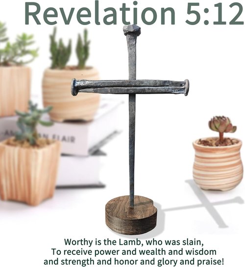 LeMeeOly Jesus Christ Crucifixion Nail Metal Cross - Elegant Religious Gift for Mom & Baptism | Solid Wood Base