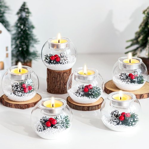 Hewory Tealight Candle Holders - Set of 6 Glass Holders with Red Berry & Pinecone | Festive Christmas Table Decor