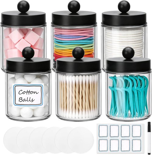 Accguan Apothecary Jars - Glass Storage Canisters with Stainless Steel Lids | 6-Piece Bathroom Organizer Set