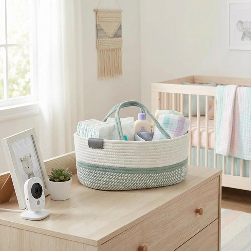 DECOMOMO Baby Caddy Organizer - Large Diaper Basket for Baby Shower | Sage Green & White
