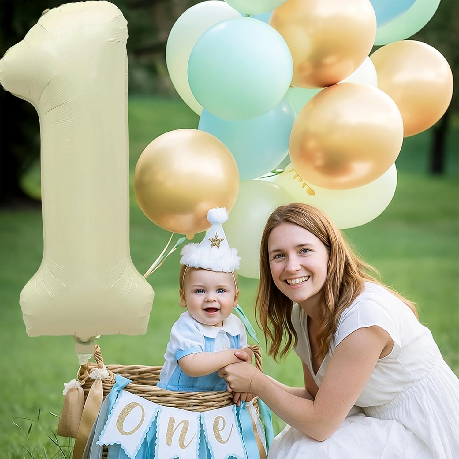 Skiennix 40-Inch Beige Number 1 Balloon - Large Cream White Foil for 1st Birthday Decorations
