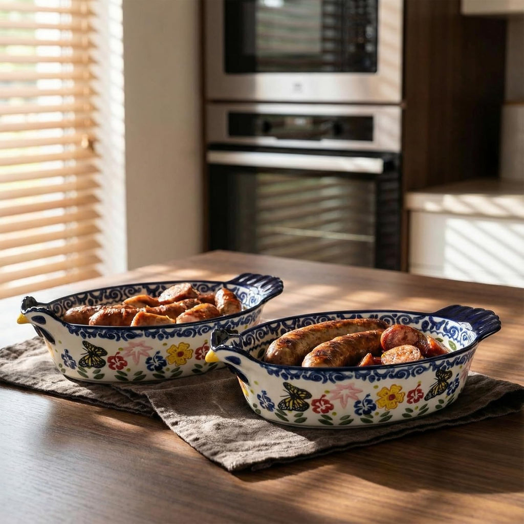 Uiifan 27 Oz Ceramic Casserole Dish - Vintage Chicken Shape Bakeware with Butterfly & Flower Design