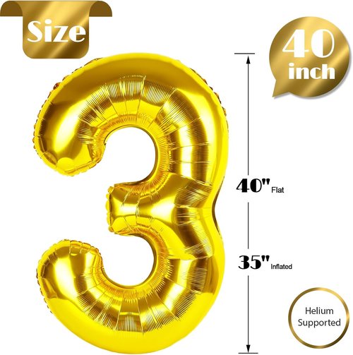 Gold Number 3 Balloon - 40 Inch 3rd Birthday Celebration Decor for Boys & Girls | Party Supplies