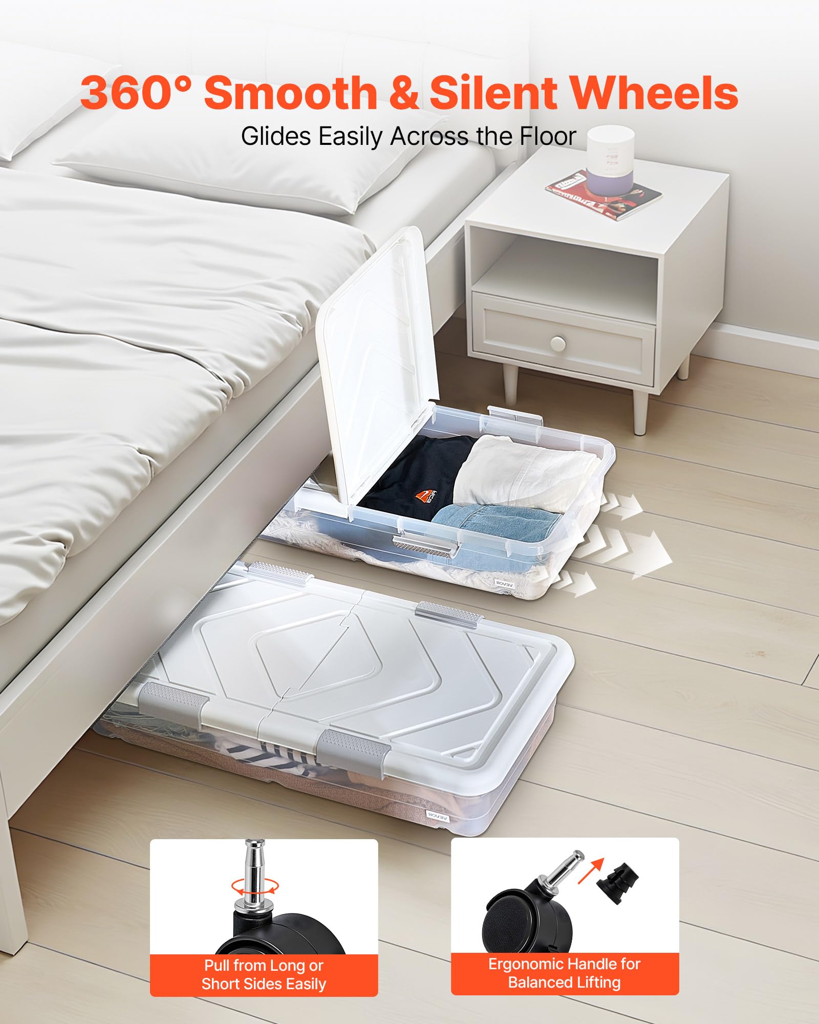 VEVOR Under Bed Storage with Wheels, 31.7 x 15.6 x 6.9 inch Underbed Containers, Underbed Shoes Organizer with Lid & Gray Latch, Rolling Under the Bed Storage Bins for Clothes Shoes Blankets, 4 Pack