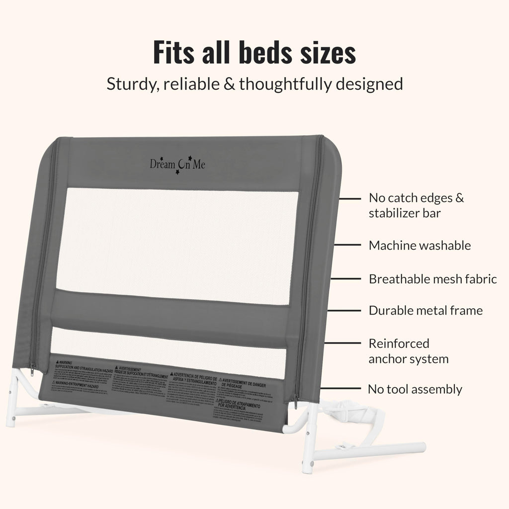 Dream On Me Mesh Security Bed Guard Rail for Toddlers 2–5 Years, Fits Twin–King Beds, Reinforced Anchor System, 2 Adjustable Heights, Grey, Not for Cribs/Toddler Beds