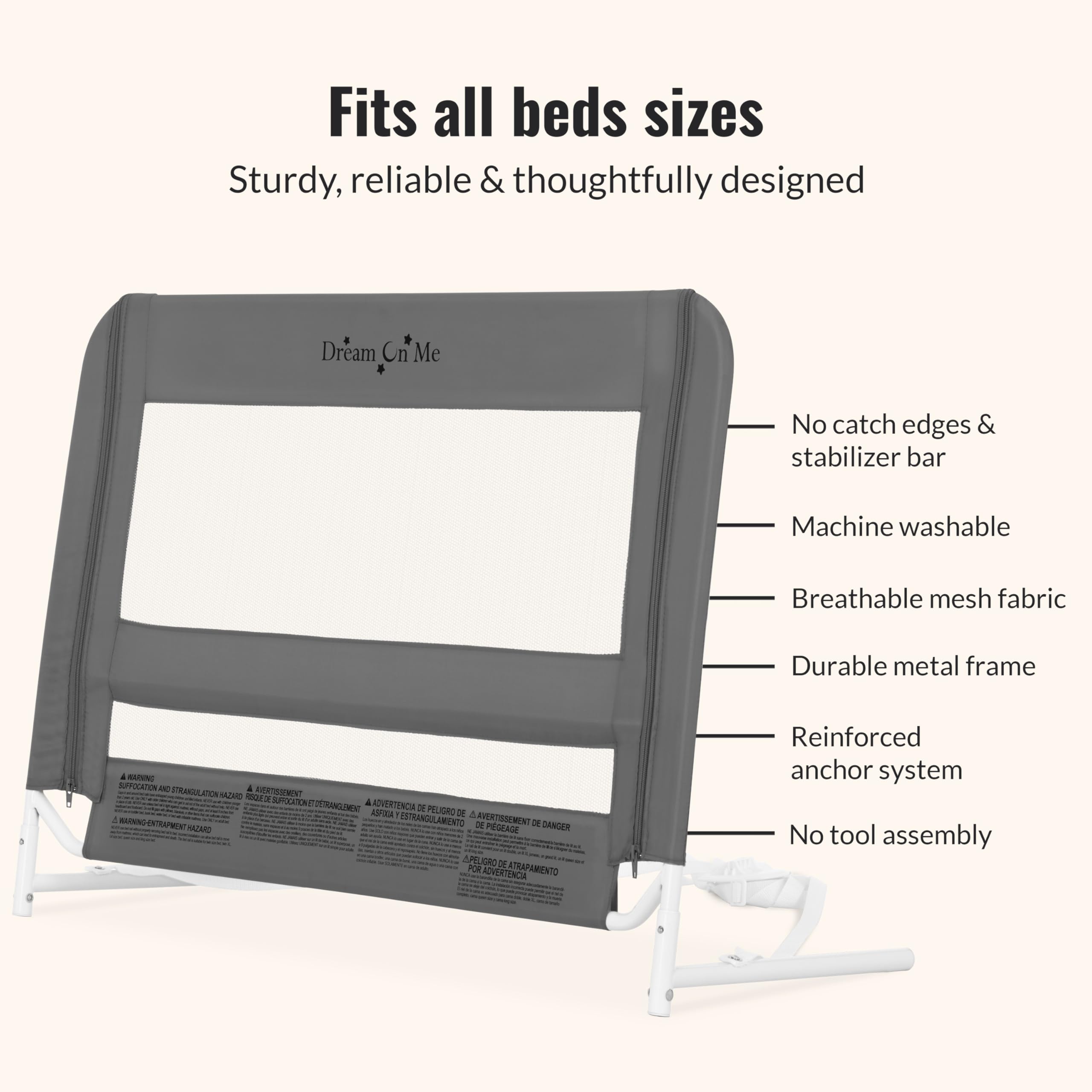 Dream On Me Mesh Security Bed Guard Rail for Toddlers 2–5 Years, Fits Twin–King Beds, Reinforced Anchor System, 2 Adjustable Heights, Grey, Not for Cribs/Toddler Beds
