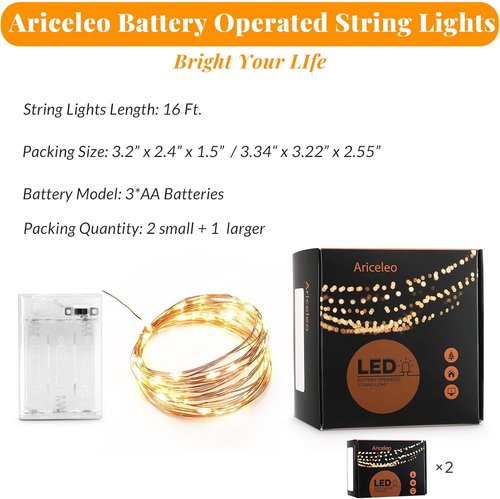 Ariceleo LED Fairy Lights - Battery Operated Copper Wire String Lights | 5m/16ft Warm White for Bedroom, Parties, Weddings
