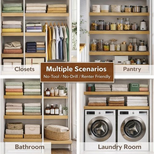 5 PCS Wire Rack Covers 24×12 in, Wood Grain PVC Shelf Covers with LED Motion Light &Labels, Renter Friendly, Easy-Cut Moisture-Resistant No-Tool, No-Drill Install for Pantry, Laundry, Kitchen, Garage