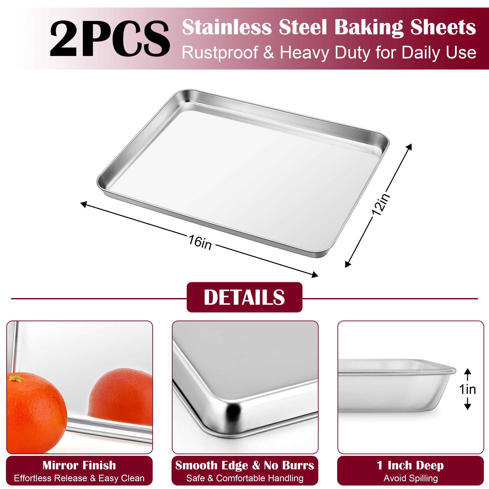 E-far Baking Sheet with Wire Rack (2 Pans + 2 Racks), Stainless Steel Cookie Sheets Pan & Cooling Rack for Baking Cookies/Jelly Rolls, Non Toxic & Heavy Duty, Oven & Dishwasher Safe, 16 x 12 x 1 Inch