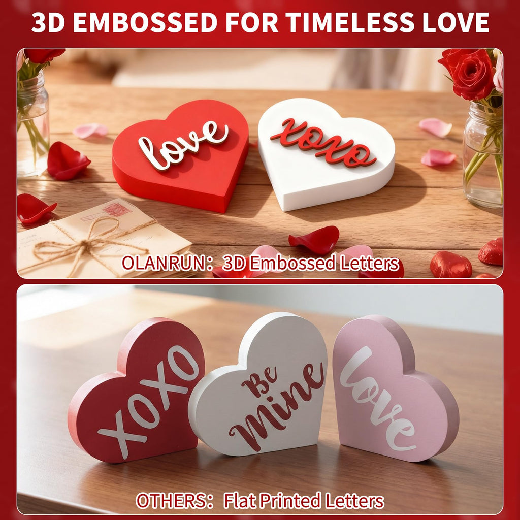 OLANRUN Valentines Day Decorations - 2 Pack Wooden 3D XOXO Love Heart Sign - 4.35 Inch Valentines Day Table Decor - Valentine Decorations for Home Office Bedroom Mantel Tiered Tray Shelf (Red White)