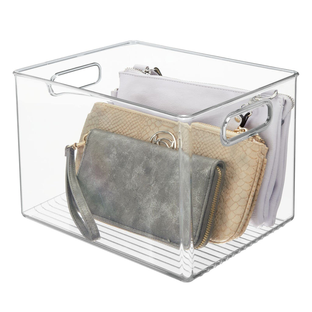 mDesign Plastic Storage Closet Organizer Bin, Container Bin for Entryway, Hallway, Linen, and Coat Closet - Organization for Clothing, Blankets, Toys, and Accessories, Ligne Collection, 4 Pack, Clear
