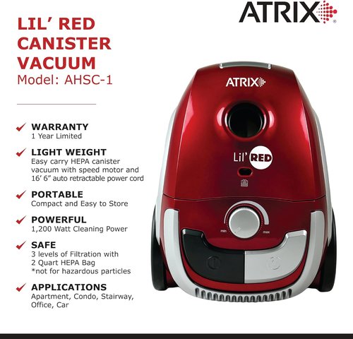 Atrix Lil Red Canister Vacuum - Portable Design with 2 Quart HEPA Filter & Variable Speed Motor