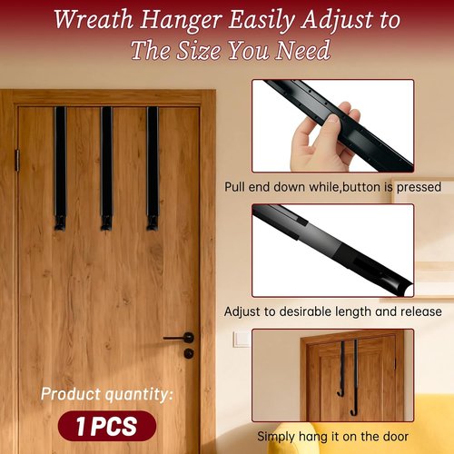 DZZ Adjustable Black Wreath Hanger - 15 to 25 Inch Door Hook for Larger Christmas Decor | 20 lb Capacity