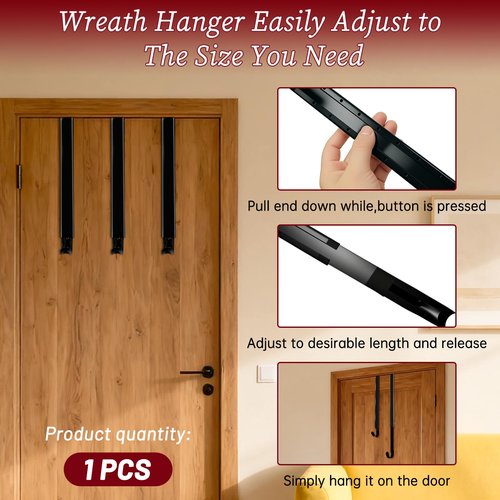 DZZ Black Wreath Hanger,Door Hook for Wreath,Adjustable Wreath Hanger-Length from 15 to 25 Inches,20 Lb D. Capacity,for Front Door Decor Larger Christmas Decorations Hook