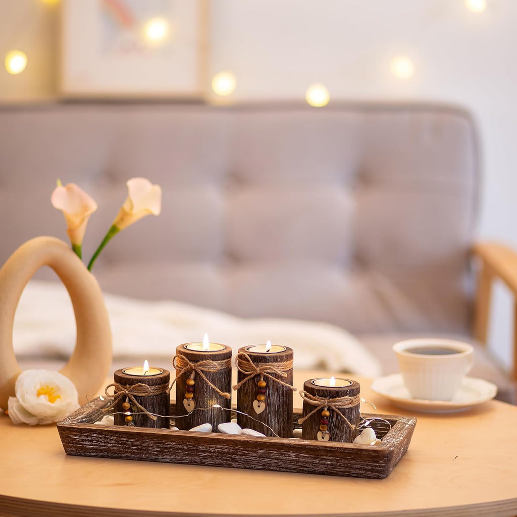 Romadedi Candle Holder Set - Boho Wooden Tray with 4 Tealight Holders for Farmhouse Decor | Living Room Centerpiece