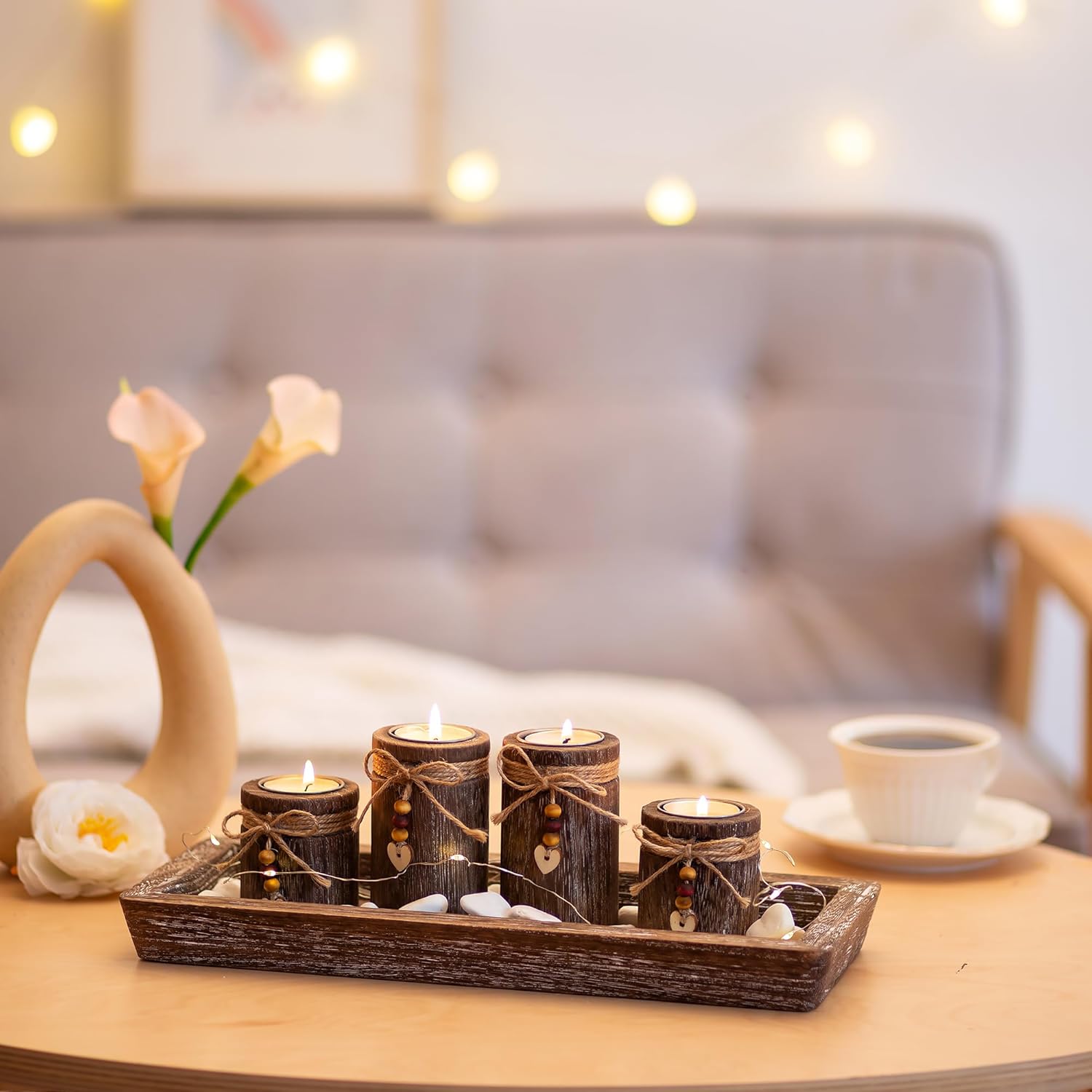 Romadedi Candle Holder Set - Boho Wooden Tray with 4 Tealight Holders for Farmhouse Decor | Living Room Centerpiece
