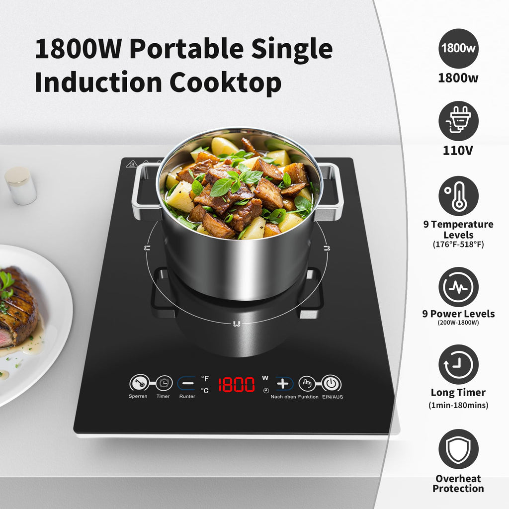 VBGK Portable Induction Cooktop With Ultra Thin Body, Low Noise Hot Plate With 1800W Sensor Touch Single Electric Cooktops Countertop Stove With 9 Temperature & Power Levels, 3-hour Timer, Safety Lock