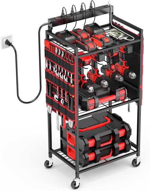 JUNNUJ Power Tool Organizer Cart - Heavy Duty Rolling Storage with 8 Outlets & 3 USB Ports | Large Capacity
