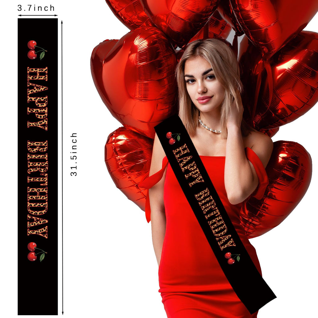 OWWOPATS Cheetah Cherry Happy Birthday Sash, Leopard Satin Sash Birthday Decorations Red and Black Party Decorations for Women and Girls