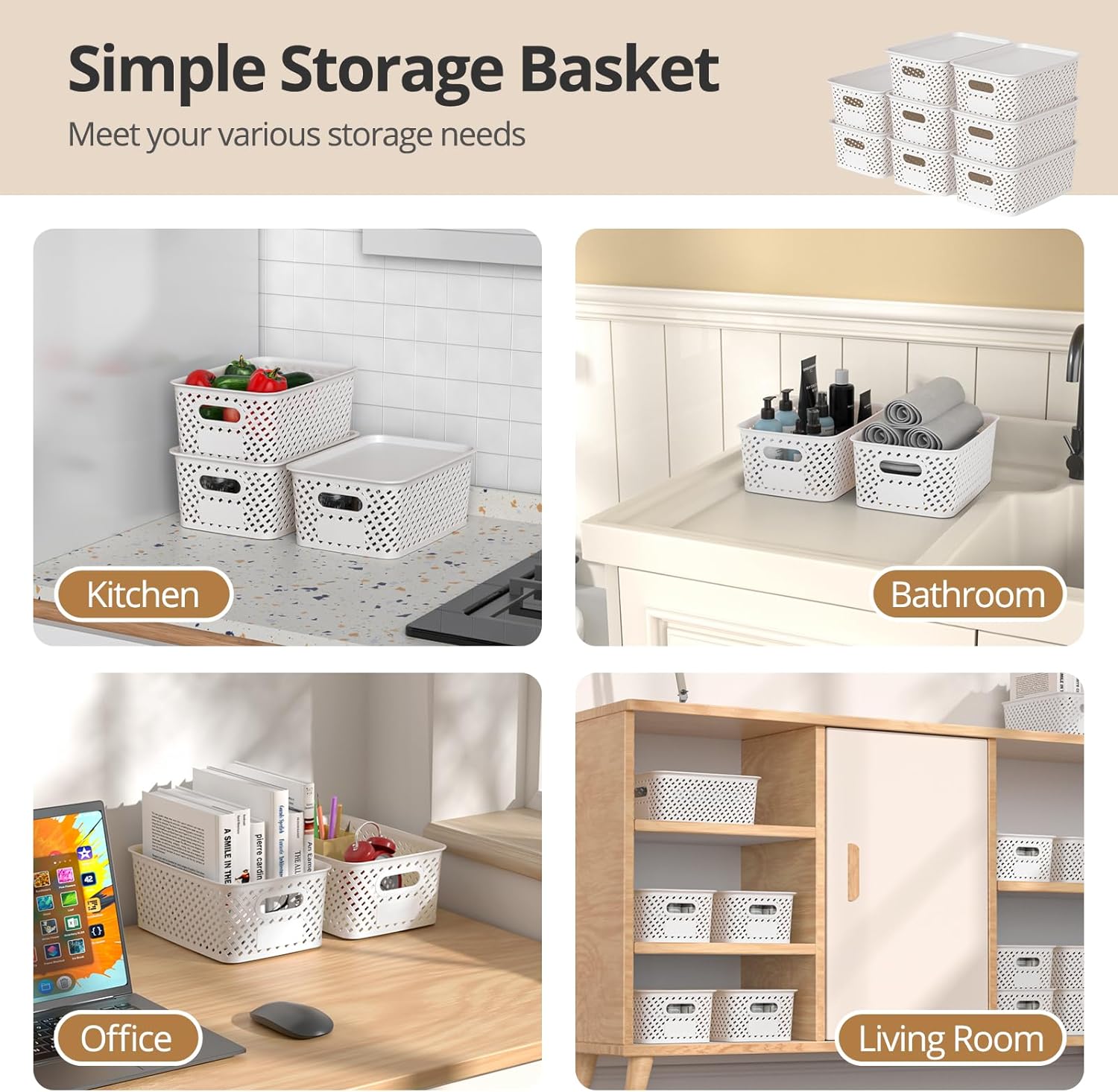 Plastic Storage Bins - Stackable Organizing Baskets with Lids | 8-Pack, 10.2x7.2x4.1 Inches, White