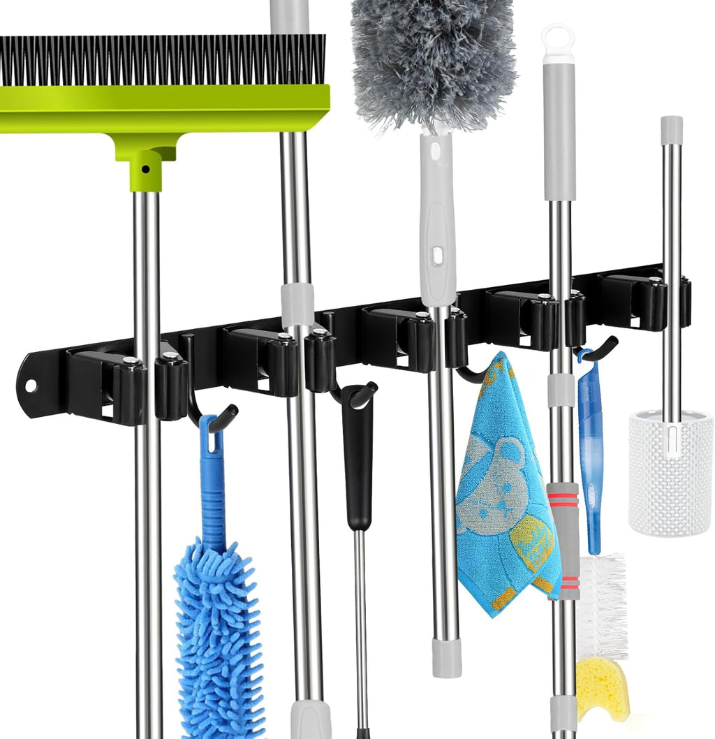 Voze Mop and Broom Holder - 5 Racks & 4 Hooks, Heavy-Duty Wall Mount Organizer | Black