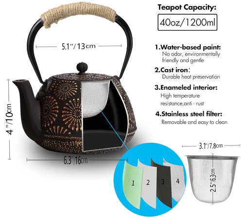 Japanese Tetsubin Cast Iron Teapot, 40oz (1200ml) Enamel-Coated Stovetop Kettle with Stainless Steel Infuser & Heat-Resistant Handle, Traditional Iron Pot for Tea Ceremony (Black Gold)