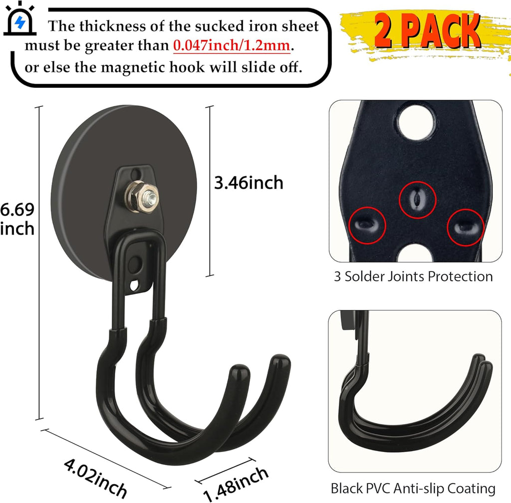 ULIBERMAGNET Extra Large Magnetic Hooks - Heavy Duty 2 Pack for Metal Cabinets & Garages (Black, 3.46 Inch)