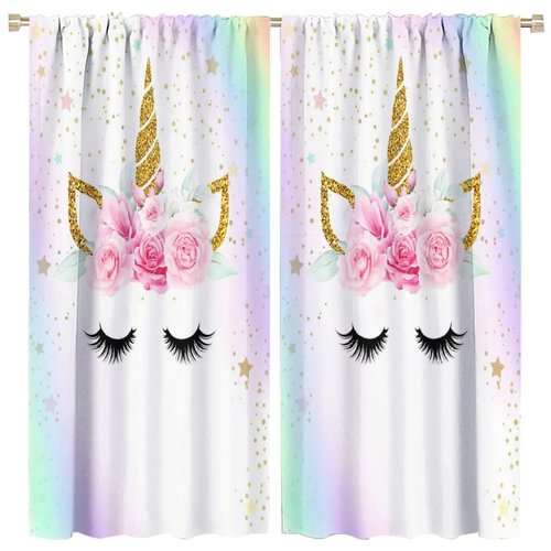 Kids Unicorn Curtains Rainbow Unicorn Window Curtain Fabric Thermal Insulated for Girl Room 42X45 Inch Decor