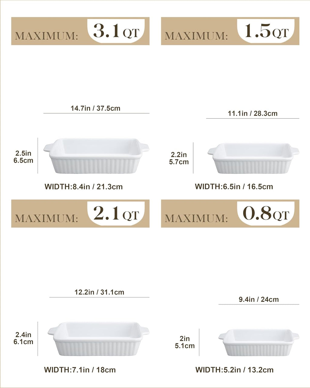 MALACASA Casserole Dishes - Porcelain Bakeware Set of 4 with Handles for Oven Baking | White Rectangular Pans (9.4"/11.1"/12.2"/14.7")