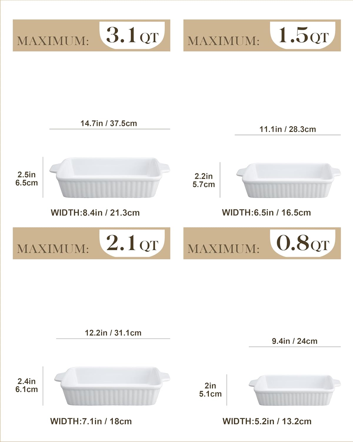 MALACASA Casserole Dishes - Porcelain Bakeware Set of 4 with Handles for Oven Baking | White Rectangular Pans (9.4"/11.1"/12.2"/14.7")