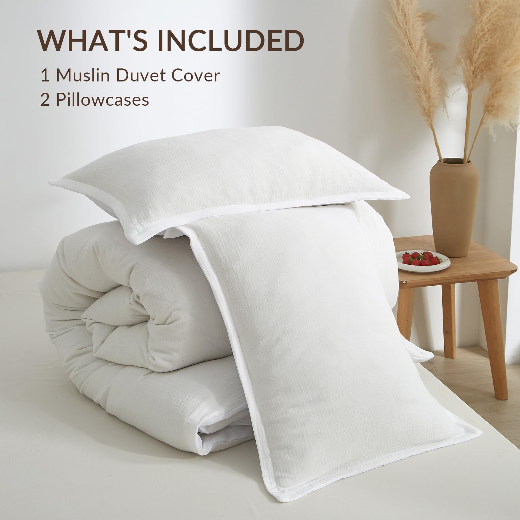 Bailix Muslin Duvet Cover Set Queen Size, 100% Washed Cotton Gauze Duvet Cover for All Seasons, Linen Like, 3 PCS, 1 Fluffy Duvet Cover(90"x90") with 2 Pillow Shams(20"x26"), White