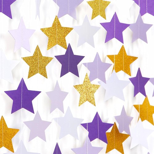 Hugtmr Star Garland - 62ft Purple Lavender & White Gold Party Decorations for Birthdays, Weddings & Showers
