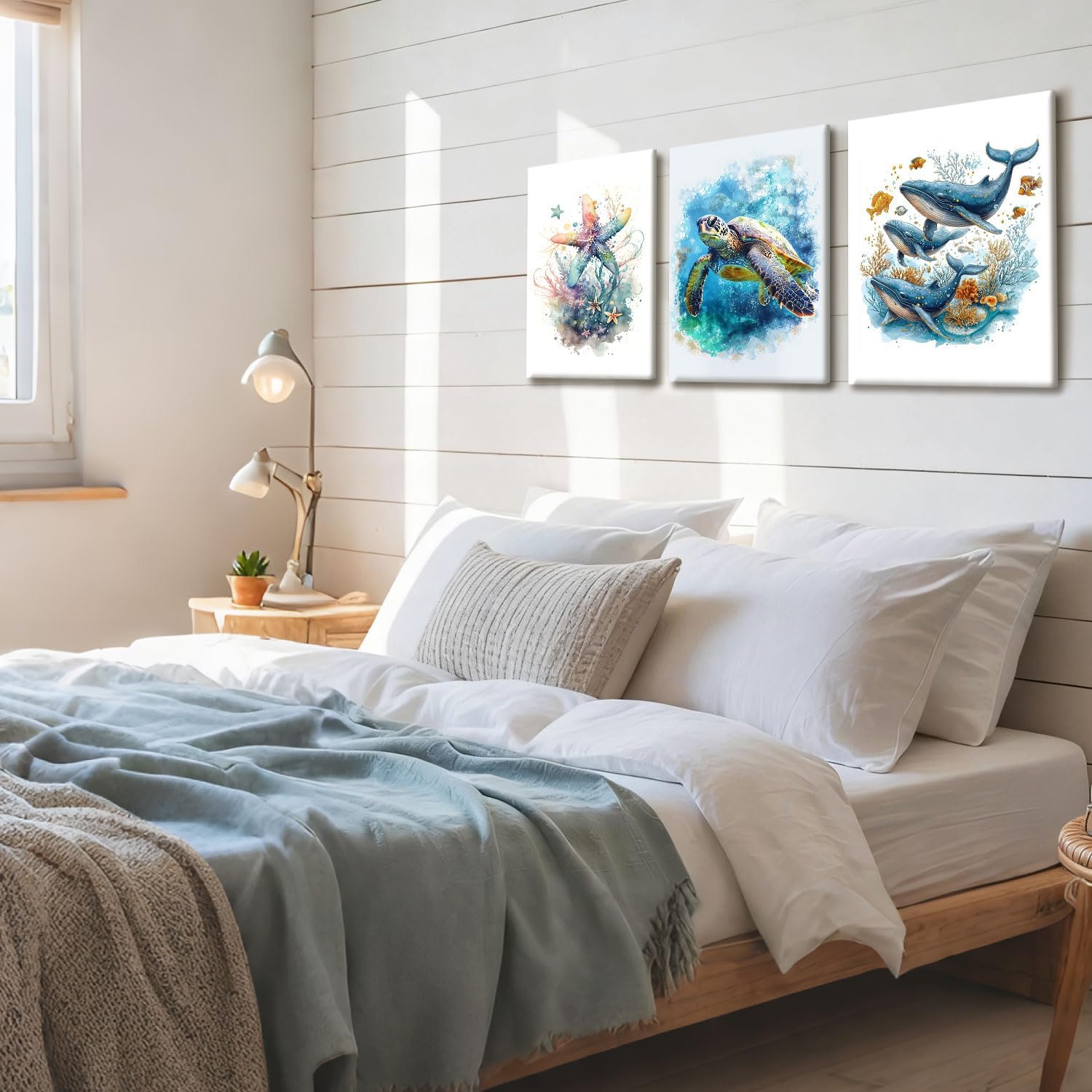 NCCXNCC Marine Animal Canvas Wall Art - Watercolor Sea Turtle, Whale & Starfish Prints | 12x16 IN
