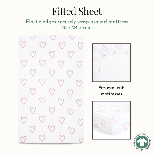 Evolur Baby Pink and Heart Print 3 Piece Mini Crib Bedding Set, Machine Washable, Soft and Breathable Toddler Bedding Set, Includes Fitted Sheet, Comfortor and Crib Skirt