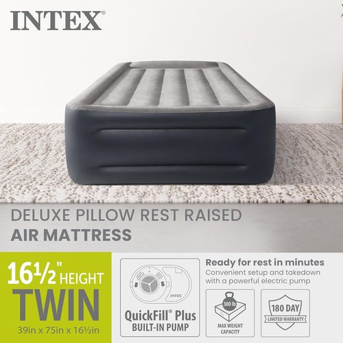 Intex Dura-Beam Plus Deluxe Pillow Bed - Twin Size with Built-in Electric Pump - 16.5in Height, 300lb Capacity