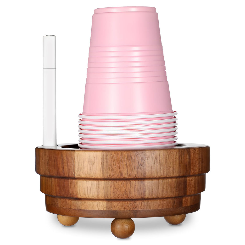 Ptwola Acacia Wood Cup Holder with Marker Slot, Disposable Paper Cup Dispenser Rustic Drink Mug Organizer Storage Box for Wedding Birthday Party Bar Kitchen Picnic Housewarming Decoration (No Pen)