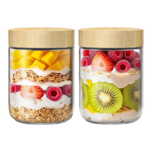 qiaomifeng 2 Pack 16oz Glass Jars with Bamboo Lids, Overnight Oats Containers with Airtight Lids, Storage Containers Wide Mouth Mason jars for Salad,Yogurt, Sugar, Snacks, Spices