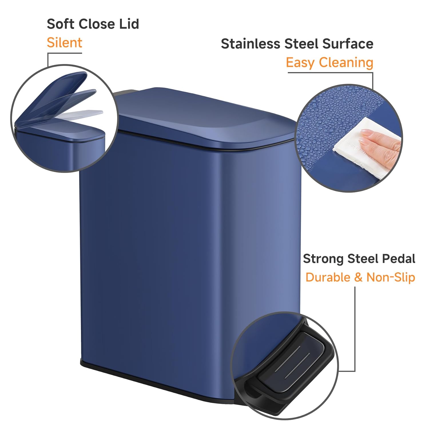 TIPGO Slim Bathroom Trash Can - Soft Close Lid & Step Pedal - 6L Stainless Steel Bin in Navy Blue