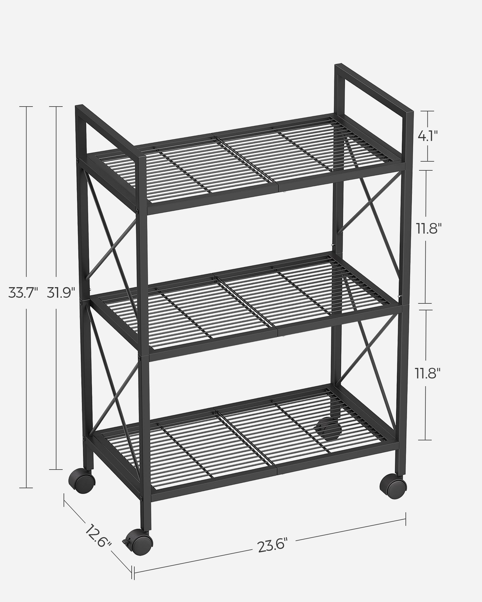 SONGMICS 3-Tier Metal Storage Rack with Wheels, Mesh Shelving Unit with X Side Frames, 23.6-Inch Width, for Entryway, Kitchen, Living Room, Bathroom, Industrial Style, Black UBSC163B01