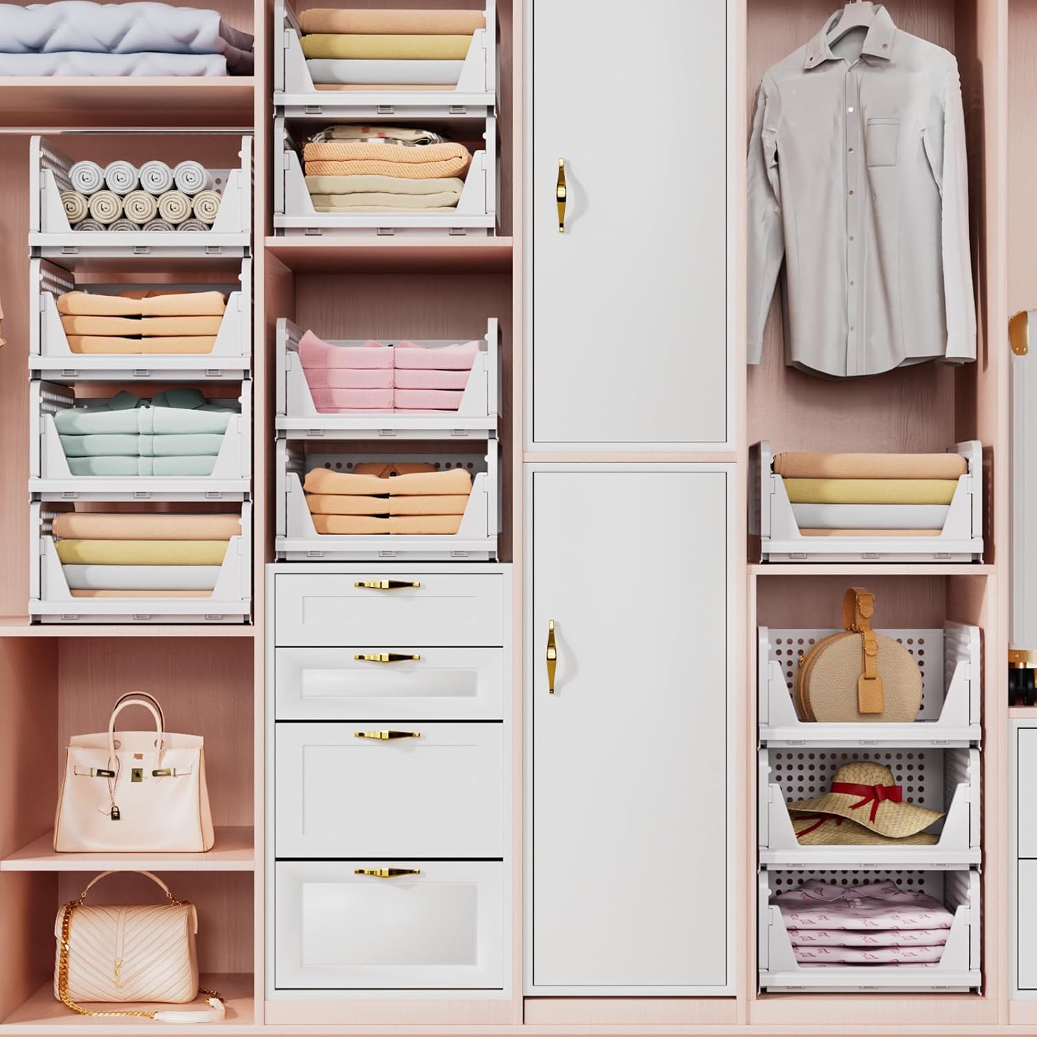 Skiennix Wardrobe Storage Organiser - 5 Pack Stackable Folding Closet Bins | Plastic Drawer Baskets in White