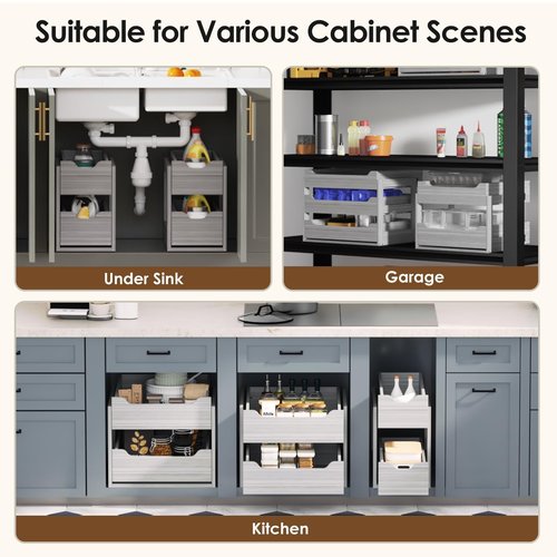 Landmok Pull Out Drawers For Cabinets, 15" W x 21.65" D x 17" H Slide Out Wooden Pull out Drawers, 2-Tier, Heavy-Duty Base Bottom Assembly Slide out Drawer Shelf Cabinet Organization for Kitchen, Gray