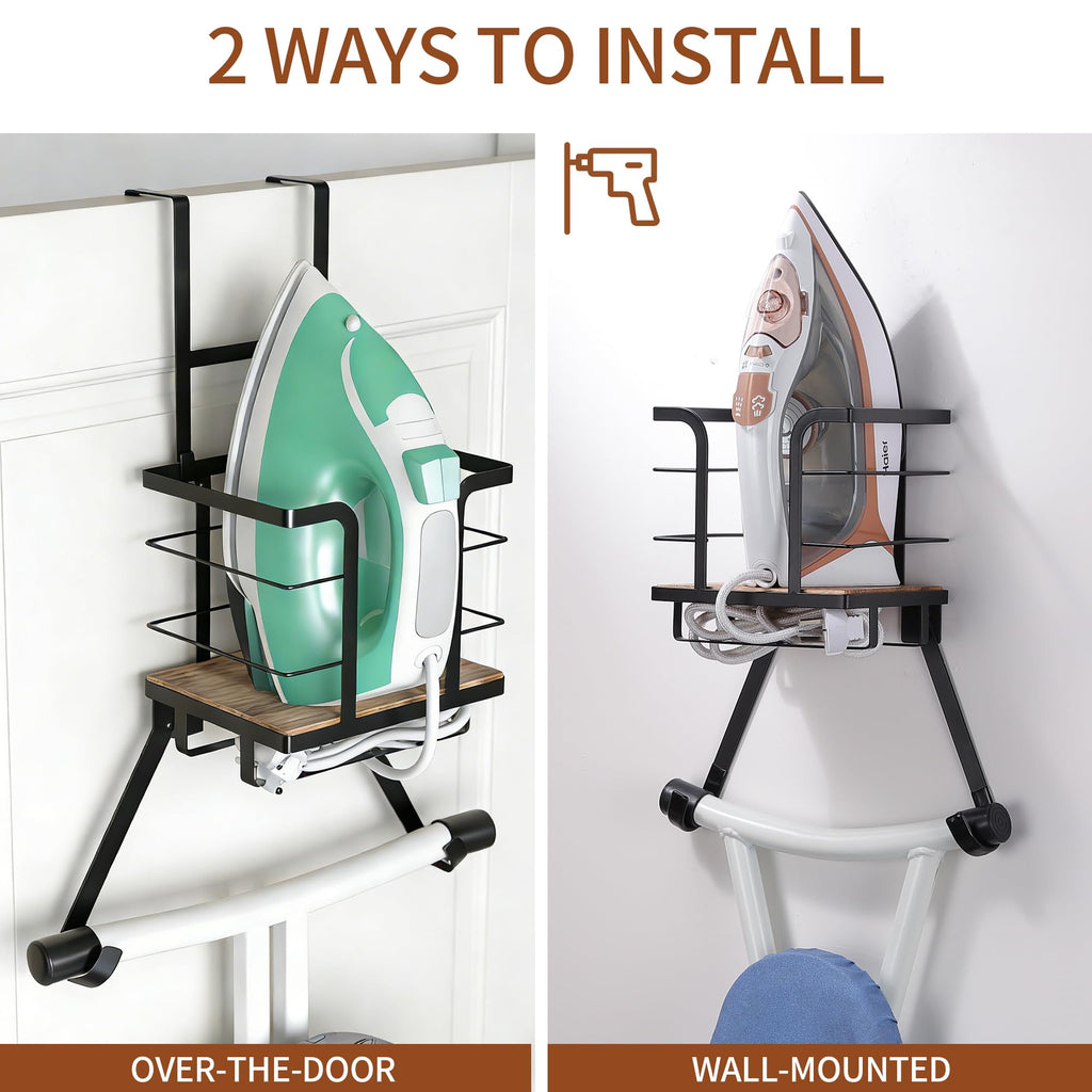 Over The Door & Wall Mount Ironing Board Hanger Wooden & Metal Laundry Room Organizer, Anti-Slip Fence Design, Fits T/Y-Leg Ironing Boards for Iron Steamer Pressing Accessories