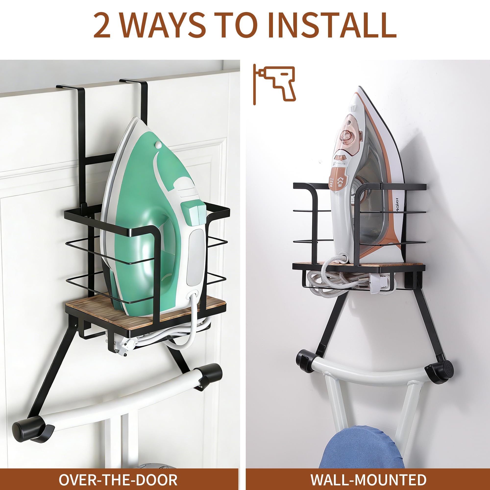 Over The Door & Wall Mount Ironing Board Hanger Wooden & Metal Laundry Room Organizer, Anti-Slip Fence Design, Fits T/Y-Leg Ironing Boards for Iron Steamer Pressing Accessories