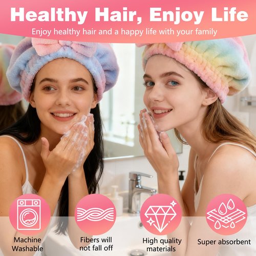 2Pcs Super Absorbent Hair Towel Wrap for Wet Hair, Microfiber Hair Drying Caps,New Fast Drying Hair Turban Wrap Towels Shower Cap for Girls and Women(Green+Pink)