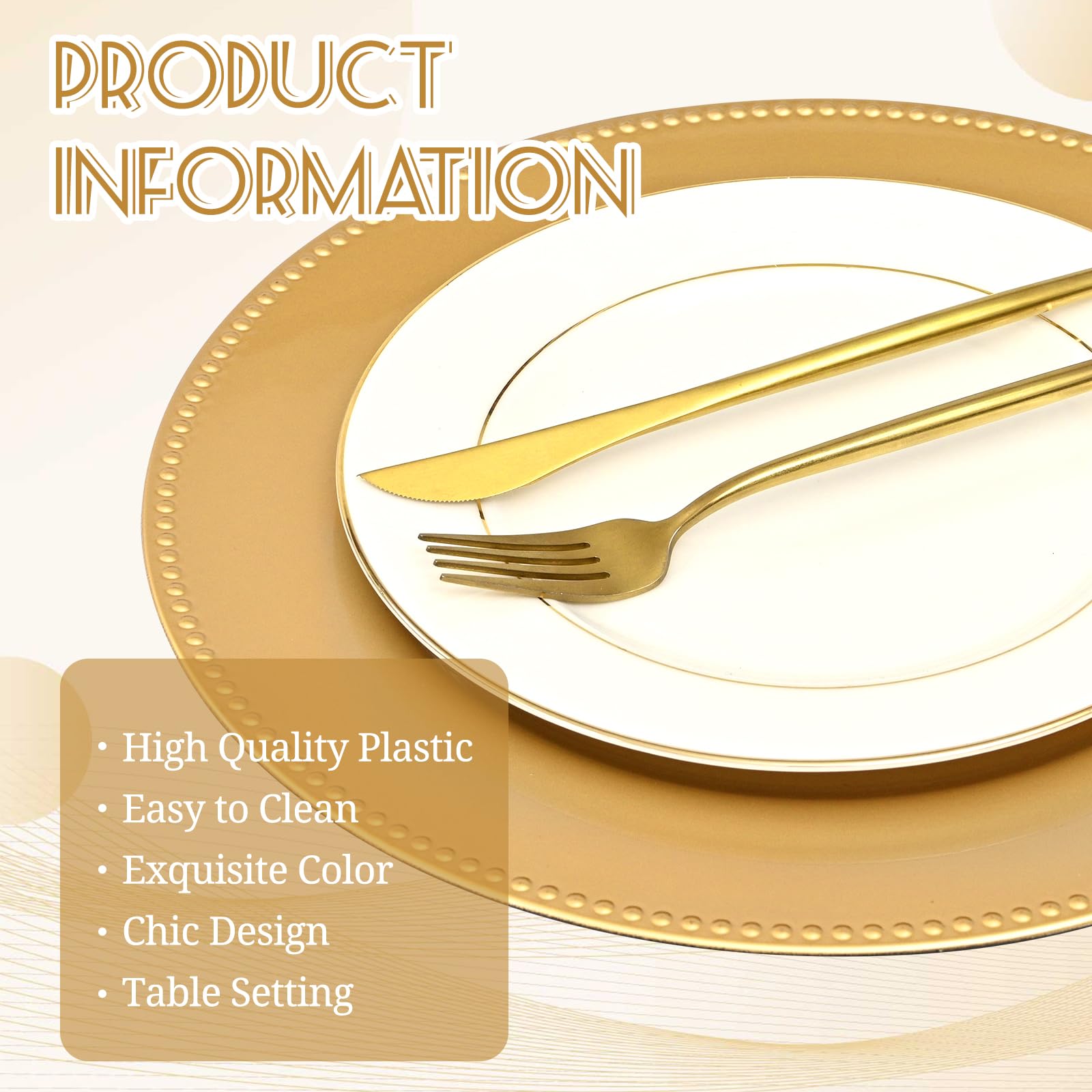 YJYQHYX 24 Pack Gold Charger Plates 13" Plastic Round Charger Plates Dinner Plate With Beaded for Wedding Table Dinner Kitchen Easter Catering Event Party Decoration