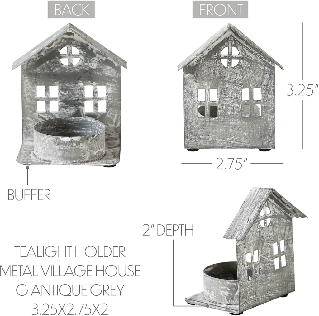 Metal Village House Tealight Holder by [Brand Name] - Antique Grey, 3.25x2.75x2 Inches