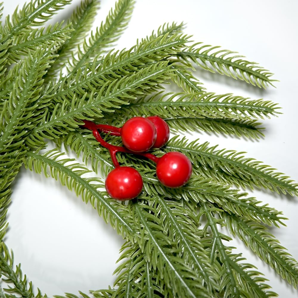 Norfolk Pine Candle Rings - 3Pcs Artificial Wreaths with Red Berry Accents | Festive Table Centerpieces