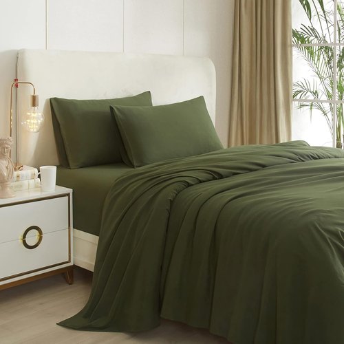 HighBuy Queen Sheet Set - Luxury Hotel-Quality Cooling Bedding - 4 Pieces, Army Green, 16'' Deep Pocket